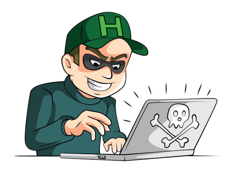 cartoon character depicting a cyber criminal working on their laptop